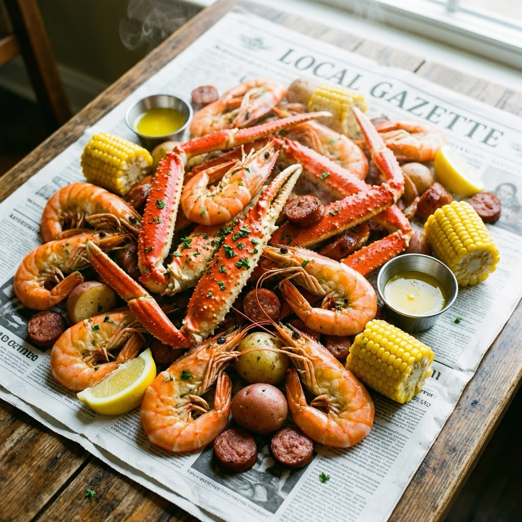 seafood boil recipe on newspaper covered table

